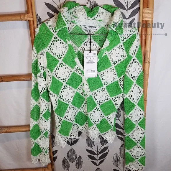 ZARA GREEN CROCHETED TOP SIZE S 2731/291 WHITE SIZE SMALL NWT LONG SLEEVE - Picture 5 of 9